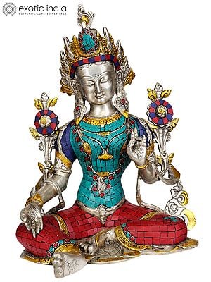 15" Tibetan Buddhist Goddess Green Tara In Brass | Handmade | Made In India