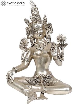 10" Tibetan Buddhist Goddess Green Tara (In Silver Hue) In Brass | Handmade | Made In India