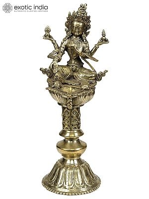 12" Nepalese form of Goddess Lakshmi with Lamp in Brass | Handmade | Made in India