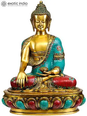 17" Lord Buddha in Bhumisparsha Mudra (Inlay Statue) In Brass | Handmade | Made In India