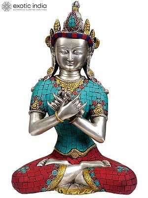 13" Tibetan Buddhist Deity- Primordial Buddha Vajradhara in Vajra-Humkara Mudra (Inlay Statue) In Brass | Handmade | Made In India