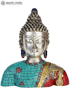 10" Lord Buddha Bust (Inlay Statue) In Brass