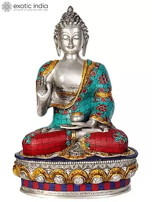 12" Lord Buddha Interpreting His Dharma  (Inlay Statue) In Brass