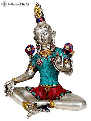 10" Saviour Goddess Green Tara (Tibetan Buddhist Inlay Statue) In Brass | Handmade | Made In India