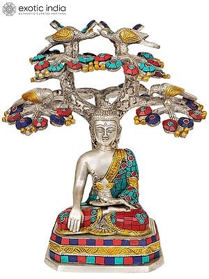 11" The Buddha Under the Bodhi-Tree (Inlay Statue) In Brass | Handmade | Made In India