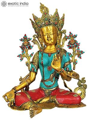 27" Large Size Saviour Goddess Green Tara (Inlay Tibetan Buddhist Statue) In Brass | Handmade | Made In India