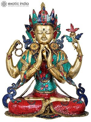 31" Large Size Shadakshari Lokeshvara (Inlay Tibetan Buddhist Statue) In Brass | Handmade | Made In India