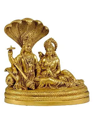 10" Brass Bhagavan Vishnu and Devi Lakshmi Idol Seated on Sheshnag | Handmade | Made in India