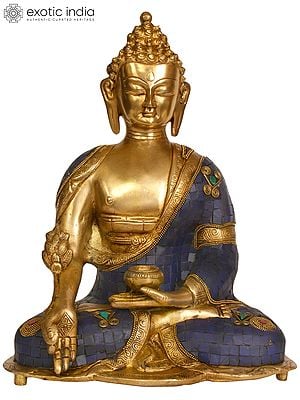 14" Lapis Healing Buddha (Inlay Tibetan Buddhist Statue) In Brass | Handmade | Made In India