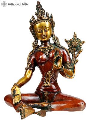 10" Tibetan Buddhist Goddess Green Tara In Brass | Handmade | Made In India