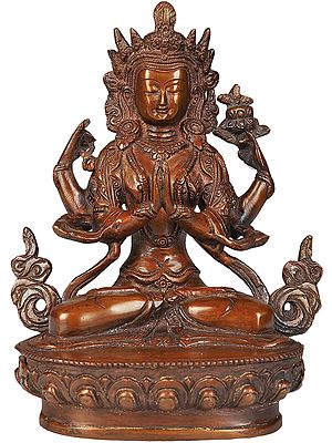 8" Buddhist Deity Chenrezig (Shadakshari Lokeshvara) Brass Statue | Handmade | Made in India