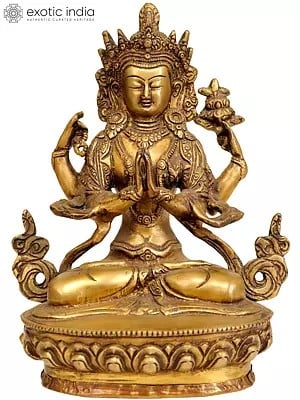 8" Buddhist Deity Chenrezig (Shadakshari Lokeshvara) Brass Statue | Handmade | Made in India