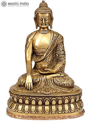 8" Lord Buddha with Finely Carved Robe and Dorje on the Base In Brass | Handmade | Made In India