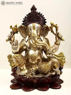 21" Large Size Lord Ganesha Seated in Easy Posture on Lotus In Brass | Handmade | Made In India