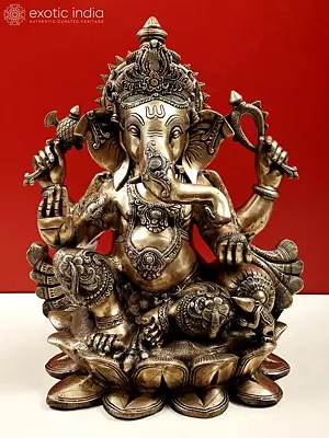 21" Large Size Lord Ganesha Seated in Easy Posture on Lotus In Brass | Handmade | Made In India