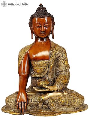 16" Shakyamuni Buddha, Ashtamangalas on His Lifelike Drape | Handmade Brass Statue