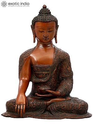 16" Shakyamuni Buddha, Ashtamangalas on His Lifelike Drape | Handmade Brass Statue