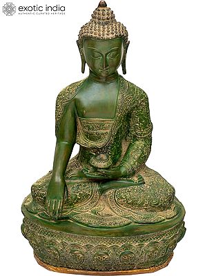 21" Lord Buddha in Bhumisparsha Mudra (Robes Decorated with Auspicious Symbols, Dharmachakra, Deers,  Birds and Dragons etc.) In Brass | Handmade | Made In India