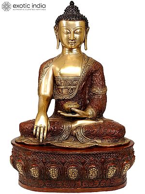21" Lord Buddha in Bhumisparsha Mudra (Robes Decorated with Auspicious Symbols, Dharmachakra, Deers,  Birds and Dragons etc.) In Brass | Handmade | Made In India