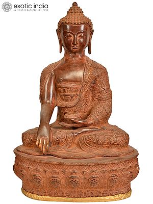 21" Lord Buddha in Bhumisparsha Mudra (Robes Decorated with Auspicious Symbols, Dharmachakra, Deers,  Birds and Dragons etc.) In Brass | Handmade | Made In India