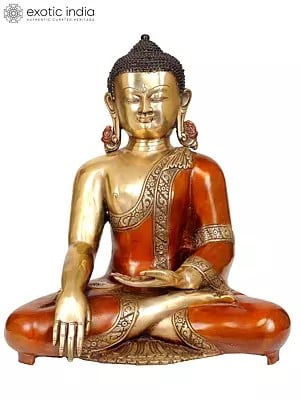 14" Lord Buddha in Mara Vijay Mudra Wearing an Orange Robes In Brass | Handmade | Made In India