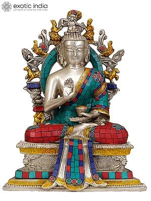 11" Lord Buddha Seated on Six-ornament Throne of Enlightenment In Brass | Handmade | Made In India