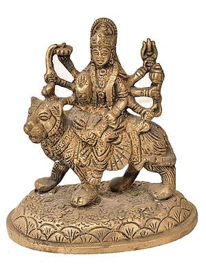 Small Brass Goddess Durga Seated on Lion