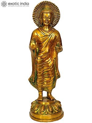 11" Standing Buddha In Brass | Handmade | Made In India