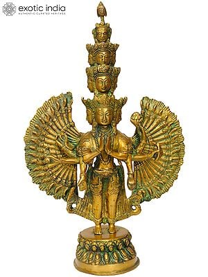 14" Tibetan Buddhist Deity Eleven Headed Thousand Armed Avalokiteshvara In Brass | Handmade | Made In India