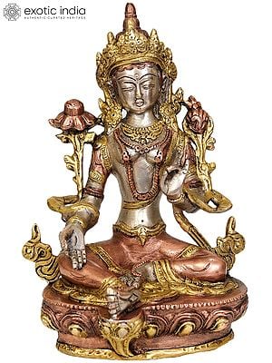 8" Tibetan Buddhist Goddess Green Tara In Brass | Handmade | Made In India