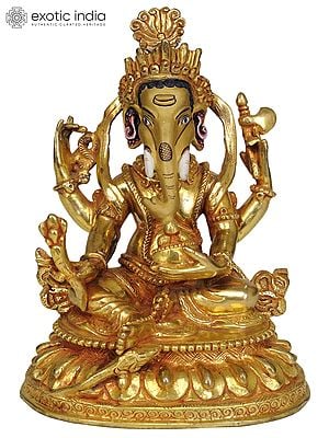 Lord Ganesha Copper Statue Gilded with 14K Gold