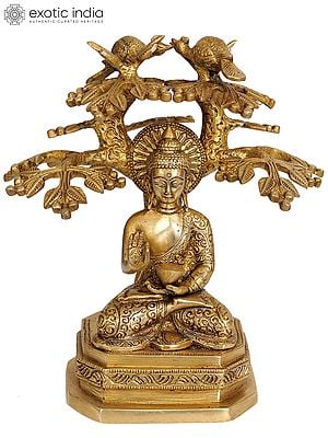 9" Buddha Under The Bodhi Tree - Tibetan Buddhist In Brass | Handmade | Made In India