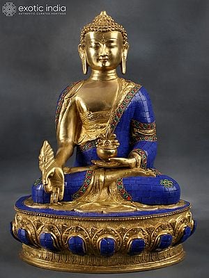 14" Tibetan Buddhist Deity-  Lapis Buddha of Healing (Medicine Buddha) In Brass | Handmade | Made In India