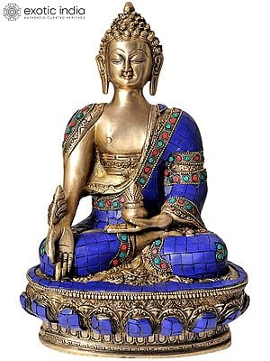 11" Tibetan Buddhist Deity Lapis Buddha of Healing (Medicine Buddha) In Brass | Handmade | Made In India