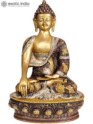 11" Lord Buddha in the Bhumisparsha Mudra (Robes Decorated with Scenes from the Life of Buddha) In Brass | Handmade | Made In India