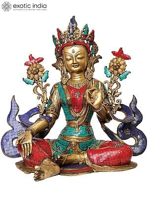 18" Tibetan Buddhist Saviour Goddess Green Tara | Brass | Handmade | Made In India