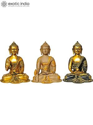 10" Tibetan Buddhist Deities Set of Three Buddhas In Brass | Handmade | Made In India