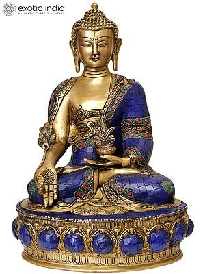 14" (Inlay Statue of Tibetan Buddhist Deity) Lapis Buddha of Healing In Brass | Handmade | Made In India