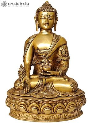 15" Tibetan Buddhist Deity Medicine Buddha (Robes Decorated with Auspicious Symbols) In Brass | Handmade | Made In India