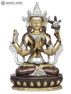 8" Buddhist Deity Chenrezig Brass Statue (Four Armed Avalokiteshvara) | Handmade | Made in India