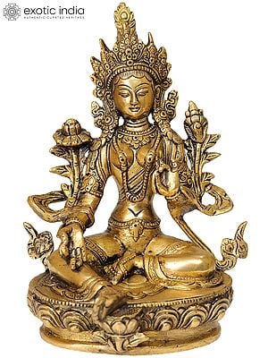 8" Tibetan Buddhist Goddess Green Tara Brass Statue | Handmade | Made in India