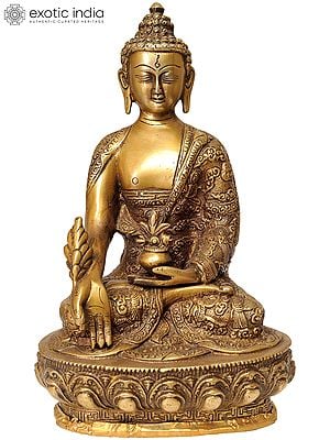 10" Tibetan Buddhist Deity Medicine Buddha (Robes Decorated with the Scenes of His Life) In Brass | Handmade | Made In India