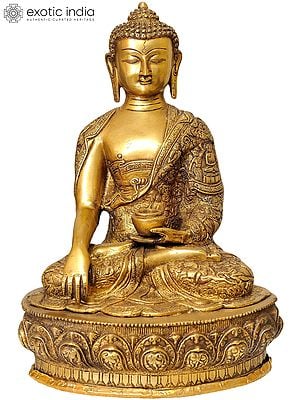 15" Buddha in the Bhumi-Sparsha Mudra (Robes Decorated with the Scenes of His Life) In Brass | Handmade | Made In India