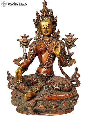 12" Tibetan Buddhist Goddess Green Tara In Brass | Handmade | Made In India