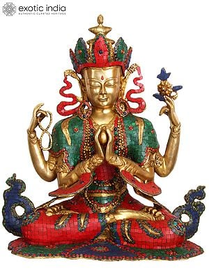 23" Large Size Chenrezig (Four Armed Avalokiteshvara Tibetan Buddhist Deity) In Brass | Handmade | Made In India