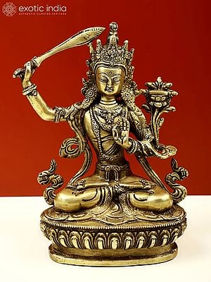 8.5" Tibetan Buddhist God Manjushri Brass Sculpture | Handmade | Made in India