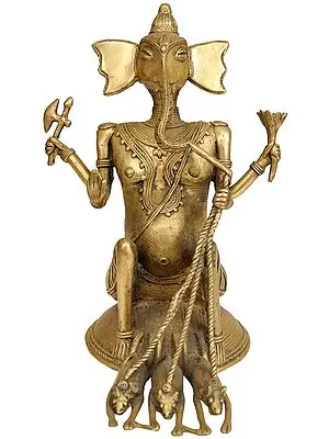 Lord Ganesha Riding a Three Mice Chariot (Folk Statue From Bastar)