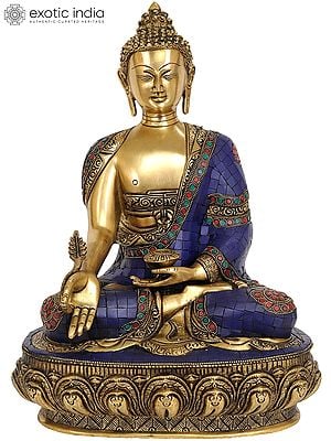 16" Tibetan Buddhist Deity Lapis Buddha of Healing (Medicine Buddha) In Brass | Handmade | Made In India