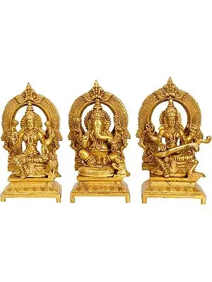 7" Ganesha, Lakshmi and Saraswati Brass Statue | Handmade | Made in India