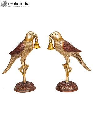 9" Pair of Parrots with Bell in Brass | Handmade | Made in India